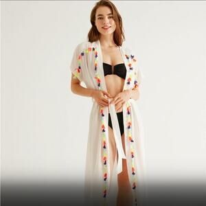 Womens White Sheer Robe Kimono With colorful tassels and belt tie size L/XL